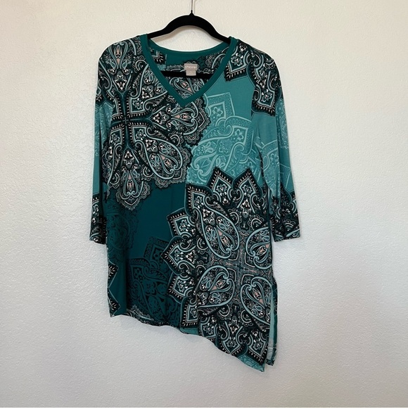 2/$30 Chico's 3/4 Sleeve Paisley Top blouse Asymmetrical Teal Blue SZ 0 = XS 4 - Picture 13 of 13